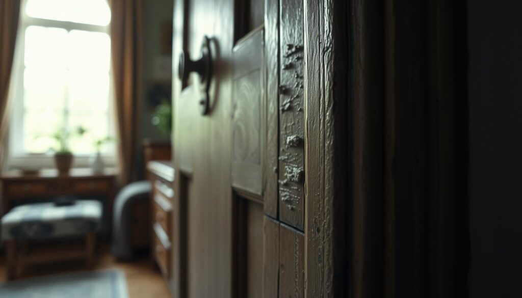 A close-up image of an old door with worn-out sealing strips, highlighting the worn gasket around the door frame. In the foreground, the damaged rubber seal is depicted in intricate detail, showing cracks and degradation. In the middle, focus on the door, showcasing the wood texture, with peeling paint and subtle rust on the hinges, illuminated by soft, diffused natural light coming from a nearby window. In the background, a blurred indoor environment suggests a cozy home atmosphere, hinting at a need for maintenance. Capture the mood of nostalgia mixed with urgency, reflecting the importance of renewing door seals to ensure energy efficiency and comfort. The angle should be slightly above the door, creating an inviting yet urgent perspective for the viewer.