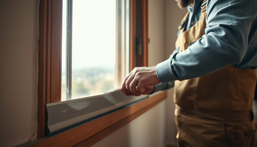 A close-up view of a professional tradesperson, dressed in neat work attire, sealing a window with weatherproof material in a bright, well-lit living room. In the foreground, highlight the textured sealing tape being applied along the edges of a classic wooden window frame, showing the careful and precise application. In the middle ground, depict the window itself with a view of the scenic Wismar skyline visible outside, emphasizing the importance of insulation. The background features soft, natural lighting filtering in, creating a warm and inviting atmosphere. The image should evoke a sense of comfort and energy efficiency, illustrating the benefits of window sealing—retaining heat and preventing mold, making it clear why this task is essential.
