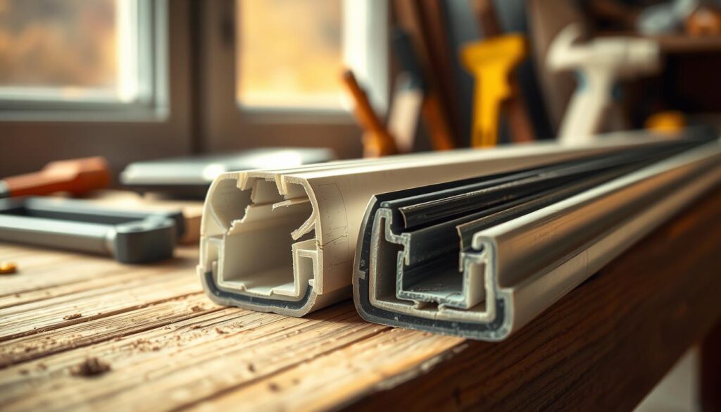 A close-up view of two distinct types of window seals (fensterdichtungen) displayed side by side on a wooden workbench. The first seal is worn and cracked, indicating the need for replacement, while the second is new and intact, showcasing quality craftsmanship. Soft, natural light filters in from the left, creating gentle highlights and shadows that accentuate the textures of the seals. In the blurred background, a home improvement tool kit can be faintly seen, suggesting a DIY repair environment. The overall atmosphere is informative and practical, focused on the process of assessing and renewing window seals, emphasizing the importance of quality materials like DICHTWERK®. A close-up view of two distinct types of window seals (fensterdichtungen) displayed side by side on a wooden workbench. The first seal is worn and cracked, indicating the need for replacement, while the second is new and intact, showcasing quality craftsmanship. Soft, natural light filters in from the left, creating gentle highlights and shadows that accentuate the textures of the seals. In the blurred background, a home improvement tool kit can be faintly seen, suggesting a DIY repair environment. The overall atmosphere is informative and practical, focused on the process of assessing and renewing window seals, emphasizing the importance of quality materials like DICHTWERK®.