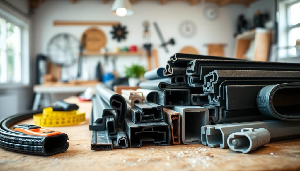 A close-up view of various window seals (fensterdichtungen) neatly arranged on a wooden workbench. The foreground features high-quality rubber and foam seals in different shapes, sizes, and colors, showcasing details like texture and flexibility. The middle ground includes tools such as a utility knife, measuring tape, and adhesive, hinting at the process of renewing and repairing. The background shows a bright, well-lit workshop with soft natural light streaming in through a window, creating an inviting atmosphere. The focus is sharp, drawing attention to the materials and tools, while the ambiance conveys a sense of professionalism and craftsmanship in home improvement. A close-up view of various window seals (fensterdichtungen) neatly arranged on a wooden workbench. The foreground features high-quality rubber and foam seals in different shapes, sizes, and colors, showcasing details like texture and flexibility. The middle ground includes tools such as a utility knife, measuring tape, and adhesive, hinting at the process of renewing and repairing. The background shows a bright, well-lit workshop with soft natural light streaming in through a window, creating an inviting atmosphere. The focus is sharp, drawing attention to the materials and tools, while the ambiance conveys a sense of professionalism and craftsmanship in home improvement.
