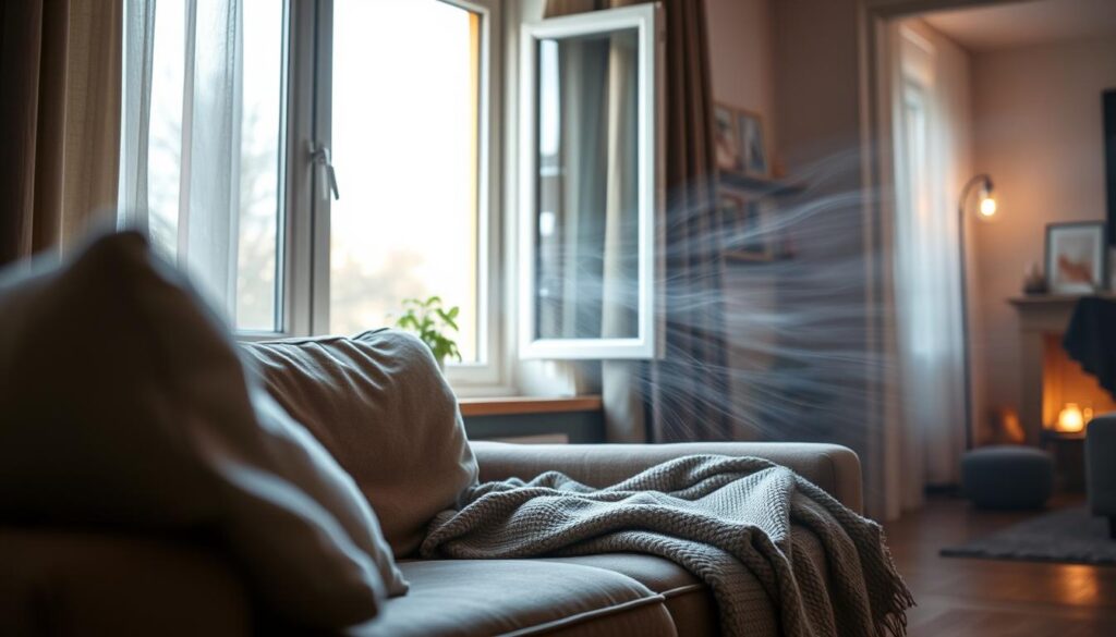 A cozy living room showing a drafty window with a visible air current effect, symbolizing Zugluft. In the foreground, a plush sofa is positioned near the window, with a soft blanket draped over it. The middle ground features the drafty window slightly ajar, allowing soft, cool light to stream through, accentuating the chilly atmosphere. A small indoor plant sits on the windowsill, with leaves gently swaying, hinting at the draft. In the background, warm ambient lighting gives a homey feel, contrasting with the cold air from the window. The color palette includes warm earth tones paired with cool blue shades, evoking a sense of discomfort against potential rising heating costs. The scene should have a calm, contemplative atmosphere, prompting viewers to consider the importance of effective sealing.