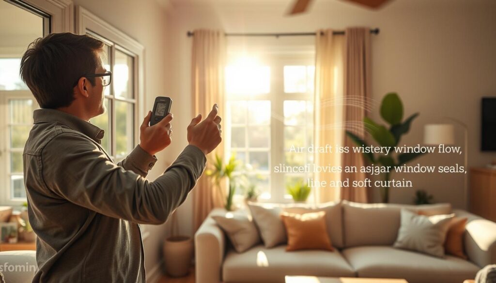 A cozy living room with sunlight streaming through a large window, creating a warm atmosphere. In the foreground, a person in smart casual clothing inspects a window frame closely, holding a temperature gauge to check for drafts. The middle ground features a soft, plush sofa and houseplants, enhancing the inviting environment. In the background, a bright, welcoming room showcases air drafts visibly flowing through slightly ajar window seals, indicated by subtle, wavy lines or soft curtains fluttering. The lighting is bright and cheerful, highlighting the need for attention to window seals. The overall mood conveys a sense of home maintenance with a focus on comfort and practicality. A cozy living room with sunlight streaming through a large window, creating a warm atmosphere. In the foreground, a person in smart casual clothing inspects a window frame closely, holding a temperature gauge to check for drafts. The middle ground features a soft, plush sofa and houseplants, enhancing the inviting environment. In the background, a bright, welcoming room showcases air drafts visibly flowing through slightly ajar window seals, indicated by subtle, wavy lines or soft curtains fluttering. The lighting is bright and cheerful, highlighting the need for attention to window seals. The overall mood conveys a sense of home maintenance with a focus on comfort and practicality.