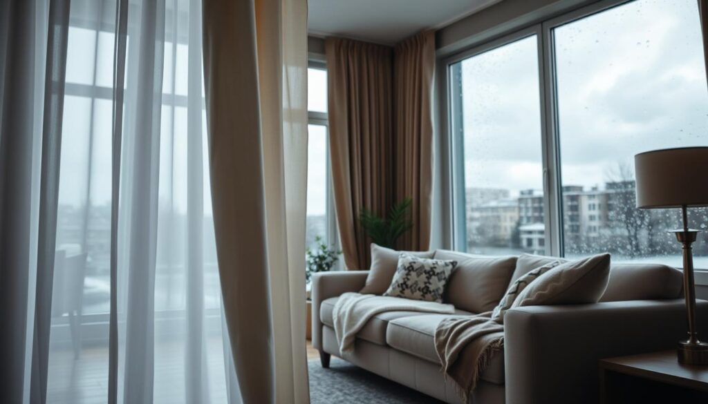 A cozy, well-furnished living room with a large window displaying an outside view of a rainy day, emphasizing the effects of draught. In the foreground, a soft, elegant drapery subtly billows inward, suggesting cold air entering through gaps in the window. In the middle, a neatly arranged sofa and decorative throw blankets convey warmth and comfort, while a small indoor plant adds a touch of life. The background features the window with droplets of water and grey skies, illustrating the contrast between the harsh weather outside and the serene interior. Natural daylight filters through, creating a soft ambiance that highlights the dangers of insufficient window seals, like rising heating bills and increased humidity. The overall mood is reflective, evoking the urgency of replacing old window seals for comfort and efficiency.