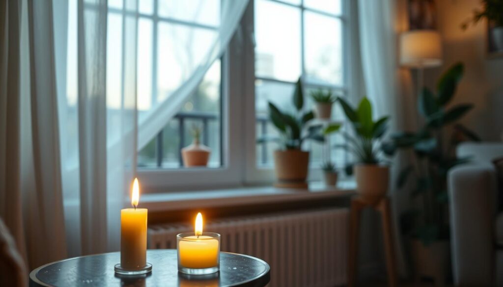 A detailed scene of an indoor setting showcasing a window test for draft and moisture. In the foreground, a lit candle emits a soft, warm glow, placed on a small table near the window. The middle ground features a window partially open, revealing a soft breeze ruffling light curtains, suggesting a potential draft. On the window sill, a few drops of water, symbolizing moisture, highlight the need for sealing. The background includes a softly lit room with a cozy ambiance, featuring gentle wall colors and decor elements like houseplants, enhancing the inviting atmosphere. The lighting should mimic natural daylight filtering through the window, creating a warm, calm feel. Capture this scene from a slight angle, emphasizing the interaction between the candle and the window test.