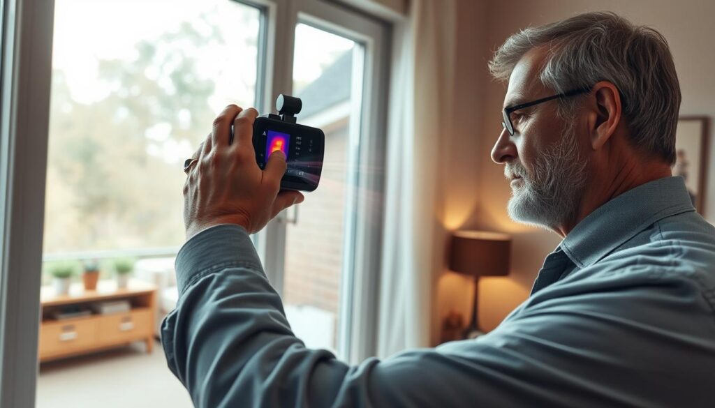A professional setting featuring an expert inspecting a home window for drafts. In the foreground, a middle-aged man in business casual attire uses a thermal imaging device to detect air leaks around a window frame. The middle ground showcases the window with a visible air current represented by soft wispy lines, indicating the presence of unwanted airflow. The background includes a well-lit living room with cozy decor, emphasizing comfort. Soft, diffused natural light filters through the window, casting gentle shadows. The overall mood is focused and attentive, capturing the essence of diagnosing window sealing issues for optimal energy efficiency. No text or logos in the image.