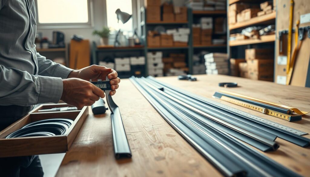 A well-lit, detailed workspace featuring a professional measuring door seals (dichtungen). In the foreground, a person in smart casual attire is using a caliper to carefully measure a rubber door seal laid out on a wooden workbench. The middle ground showcases various types of seals organized neatly in compartments, alongside a ruler and tape measure for additional measuring tools. In the background, shelves lined with boxes of sealing solutions and door hardware create a sense of a dedicated, organized workshop. Soft, diffused natural light filters through a nearby window, casting gentle shadows and enhancing the calm, focused atmosphere of precise measurement and selection.