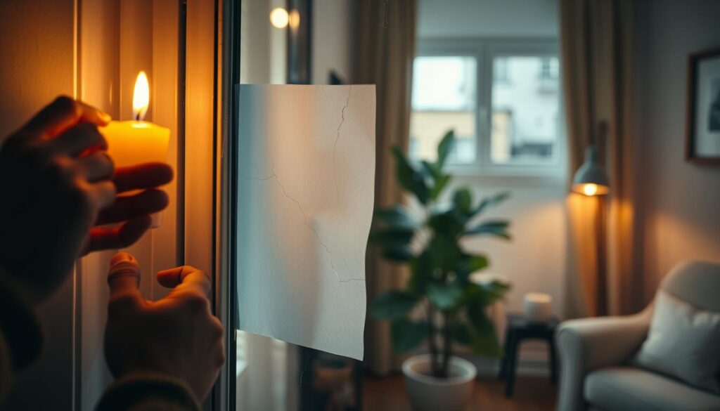 A well-lit indoor scene showcasing a window being inspected for air leaks. In the foreground, a pair of hands holding a lit candle close to the edge of the window, with gentle flickering light illuminating surrounding surfaces. In the middle, a close-up of the window frame revealing cracks in the sealant, with a sheet of paper positioned against the window to test for drafts, slightly fluttering. The background features a cozy, softly lit living room with a plant and a comfortable chair, evoking a sense of warmth and home. The atmosphere should convey a methodical and attentive mood, emphasizing the importance of meticulousness in checking for undichtigkeiten (leakage) around windows.