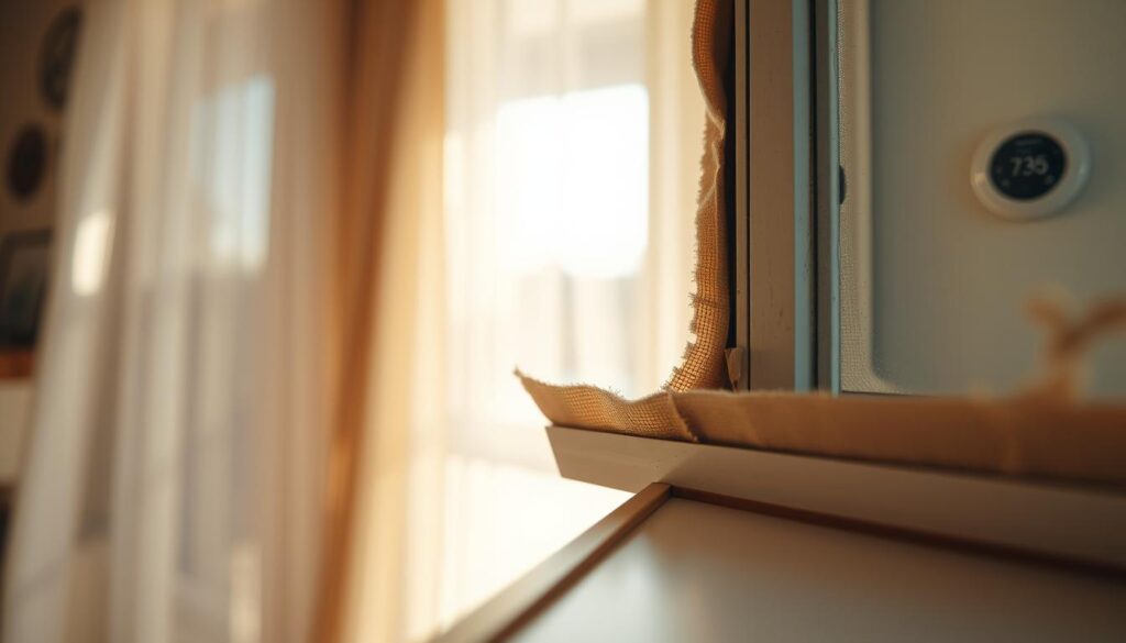 Visualize a well-lit indoor scene showcasing a close-up of a window with worn-out anding window seals. In the foreground, focus on the damaged window seal, highlighting the fine details of the material, showing its fraying edges and gaps. In the middle ground, capture the window frame adorned by soft, natural light filtering through sheer curtains, illustrating a cozy home environment. In the background, slightly blurred elements like a thermostat on the wall can suggest the theme of energy efficiency and heating costs. Create a warm atmosphere that evokes the comfort of a home, emphasizing the importance of proper window sealing. Use a soft focus to enhance the inviting feel while maintaining a realistic depth of field. Aim for a bright, well-balanced image that draws attention to the window and seals.