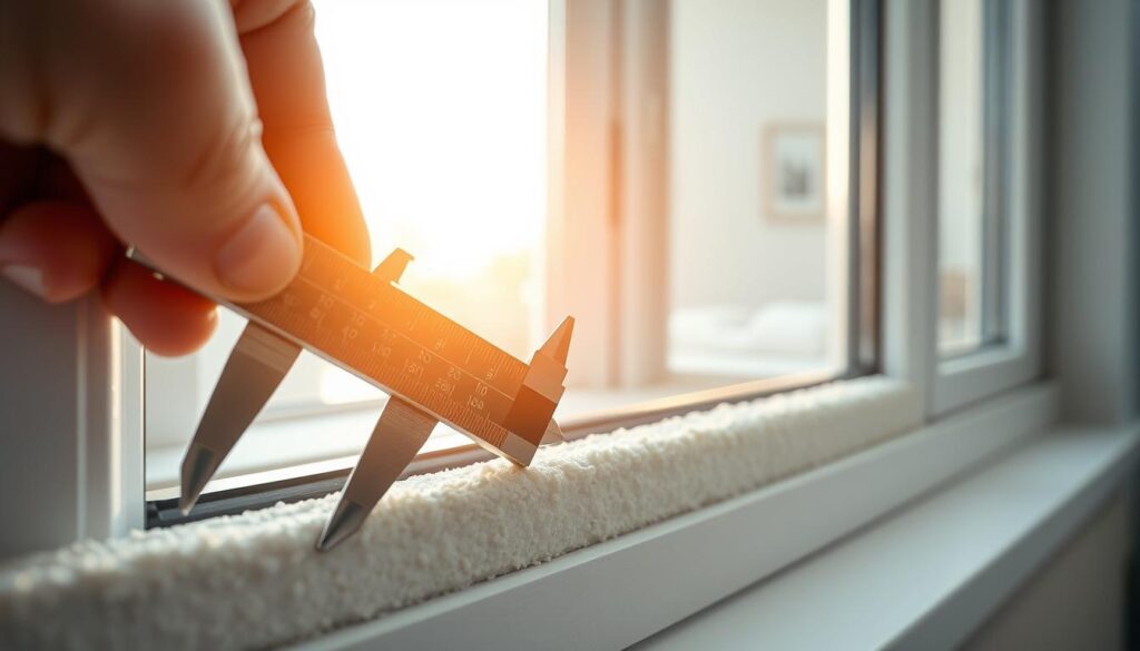 A close-up, detailed view of a hand measuring window insulation (Fensterdichtung) using a caliper, with a focus on the intricate texture of the insulation material. The foreground features the measuring tool and the window edge, showing precision in measurement. In the middle ground, a well-lit, modern window showcases the insulation fit, emphasizing its efficiency. The background includes a softly blurred view of a bright, airy room, hinting at comfort and warmth. Natural light floods the scene, creating a vibrant atmosphere that conveys professionalism and attention to detail. The image is composed from a slightly elevated angle, capturing the essential elements without distractions, ensuring a clear focus on the measurement process. A close-up, detailed view of a hand measuring window insulation (Fensterdichtung) using a caliper, with a focus on the intricate texture of the insulation material. The foreground features the measuring tool and the window edge, showing precision in measurement. In the middle ground, a well-lit, modern window showcases the insulation fit, emphasizing its efficiency. The background includes a softly blurred view of a bright, airy room, hinting at comfort and warmth. Natural light floods the scene, creating a vibrant atmosphere that conveys professionalism and attention to detail. The image is composed from a slightly elevated angle, capturing the essential elements without distractions, ensuring a clear focus on the measurement process.