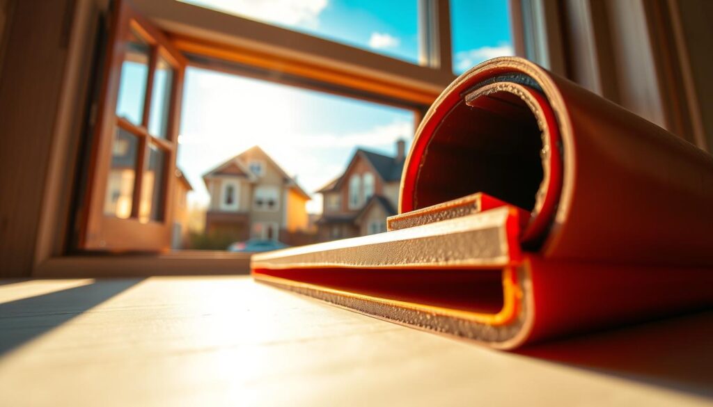 A close-up image of high-quality window seals, showcasing their intricate design and texture. In the foreground, focus on a vibrant, well-structured rubber window seal, emphasizing its flexibility and durability. The middle layer features an open window with sunlight streaming in, casting soft shadows, highlighting the seal's effectiveness in providing insulation. In the background, a serene view of a quaint Wismar neighborhood with charming houses under a clear blue sky, symbolizing comfort and tranquility. The lighting is warm and inviting, evoking a sense of peace. The overall atmosphere reflects the importance of a reliable window seal, promoting energy efficiency and comfort. The angle is slightly tilted to offer a layered perspective, creating depth and interest.