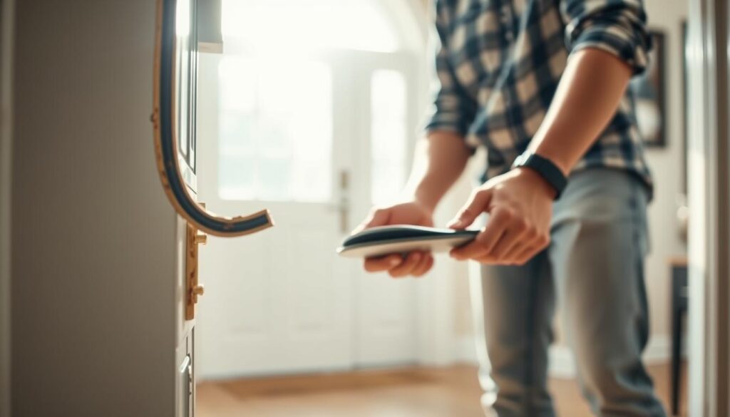 A close-up of a professional examining a door seal in a well-lit, modern home environment. In the foreground, a detailed view of a worn-out door gasket is showcased, emphasizing the importance of replacing it. The middle section features the person's hands carefully handling a new door seal, portraying diligence and attention to detail. In the background, a bright, inviting entryway highlights the contrast between old and new, with sunlight streaming through a window, creating a warm ambiance. The mood reflects a sense of urgency and empowerment, encouraging action on home maintenance. The professional is dressed in casual work attire, ensuring a relatable yet polished appearance. Soft focus on the background adds depth and draws attention to the foreground activities.