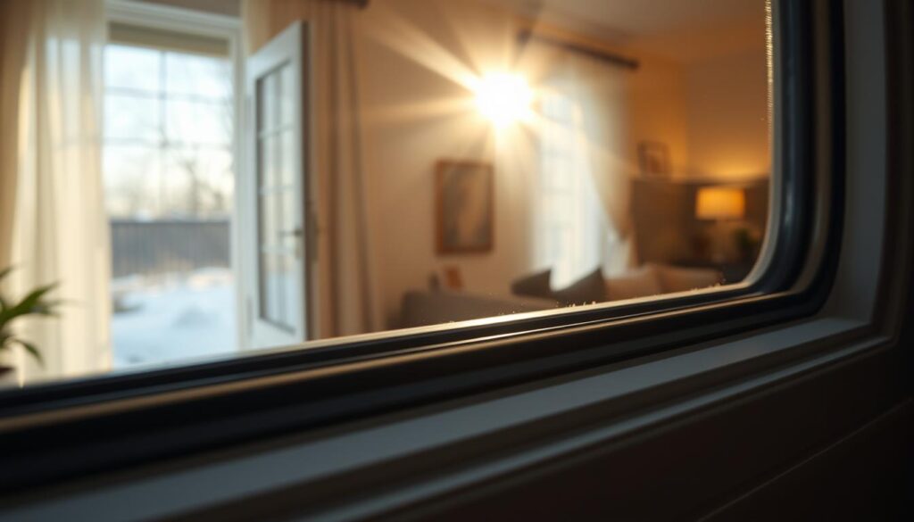 A close-up of a window with fresh, modern seals in place, showcasing precise craftsmanship. In the foreground, highlight the sleek texture of new rubber window gaskets, glistening slightly as sunlight filters through. In the middle ground, an open window reveals a gentle breeze entering, rustling sheer white curtains, symbolizing airflow. The background illustrates a cozy home interior, with a slight hint of cold air visible near the window, accentuated by light streaks depicting the movement of air. The room is warmly lit, creating a contrast between the inside comfort and the cold outside. The mood is inviting, emphasizing the importance of insulation and energy efficiency, conveying a sense of warmth and practicality.