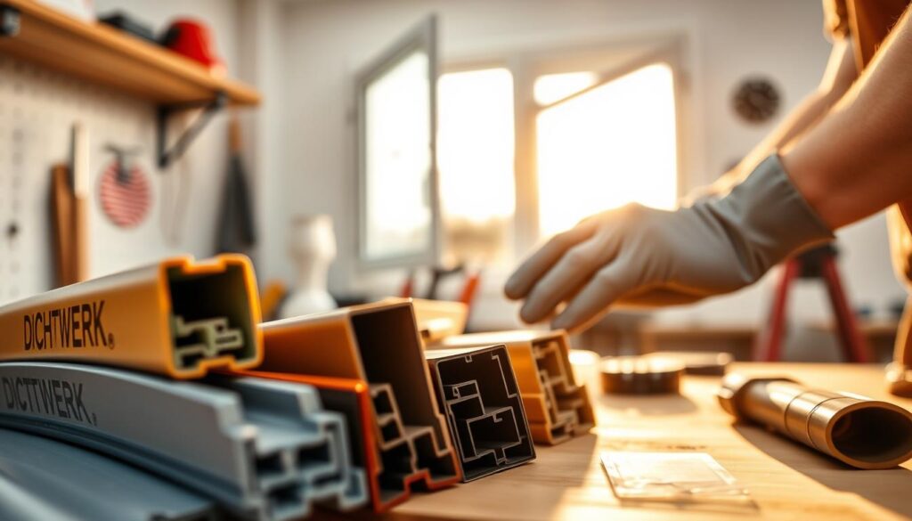 A close-up of high-quality window seals (dichtungen) in varying colors, showcasing their textures and materials for optimal insulation. In the foreground, emphasize the details of the seals with a sharp focus, revealing their flexibility and thickness. The middle ground features a workbench equipped with essential tools for window sealing, with a pair of gloved hands expertly handling the seals, demonstrating the process of replacing them. The background displays a partially open window, allowing natural light to filter in, creating a warm and professional atmosphere. The lighting is soft yet bright, illuminating the workspace without harsh shadows. Capture the mood of expertise and craftsmanship in home improvement, emphasizing the durability and effectiveness of DICHTWERK® products.