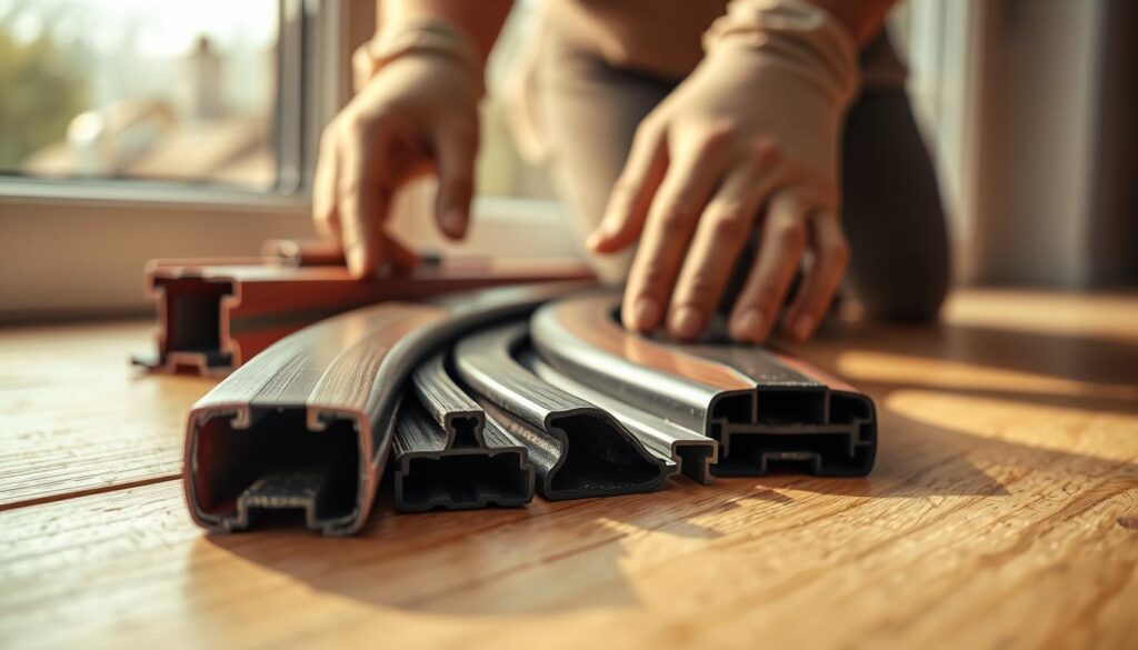 A close-up shot of high-quality window seals (fensterdichtungen) arranged elegantly on a clean, wooden surface. The foreground features a few seals with a focus on their textured surfaces and flexible edges, showcasing various colors and materials, such as rubber and silicone. In the middle ground, include a pair of hands wearing professional gloves gently handling the seals, emphasizing careful installation. The background features a softly blurred window, allowing natural light to illuminate the scene, casting gentle shadows that highlight the seals' details. The atmosphere should evoke a sense of improvement and efficiency, suitable for a home renovation context, with a warm, inviting color palette.