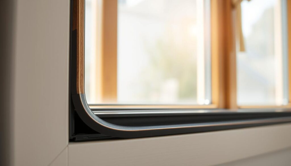 A close-up view of a high-quality rubber window seal (fensterdichtung gummi) installed within a modern window frame, showcasing its texture and detail. In the foreground, focus on the smooth surface and edges of the rubber, glistening slightly under natural light. In the middle ground, the window frame features stylish wooden trim, with sunlight casting soft shadows that enhance the contours. The background depicts a bright interior space with diffuse daylight streaming through, emphasizing a clean and fresh atmosphere. The mood is professional and inviting, illustrating the importance of maintaining window seals for optimal home comfort. The composition captures a sense of care and attention to detail, perfect for conveying the message about renewing or repairing window seals. A close-up view of a high-quality rubber window seal (fensterdichtung gummi) installed within a modern window frame, showcasing its texture and detail. In the foreground, focus on the smooth surface and edges of the rubber, glistening slightly under natural light. In the middle ground, the window frame features stylish wooden trim, with sunlight casting soft shadows that enhance the contours. The background depicts a bright interior space with diffuse daylight streaming through, emphasizing a clean and fresh atmosphere. The mood is professional and inviting, illustrating the importance of maintaining window seals for optimal home comfort. The composition captures a sense of care and attention to detail, perfect for conveying the message about renewing or repairing window seals.