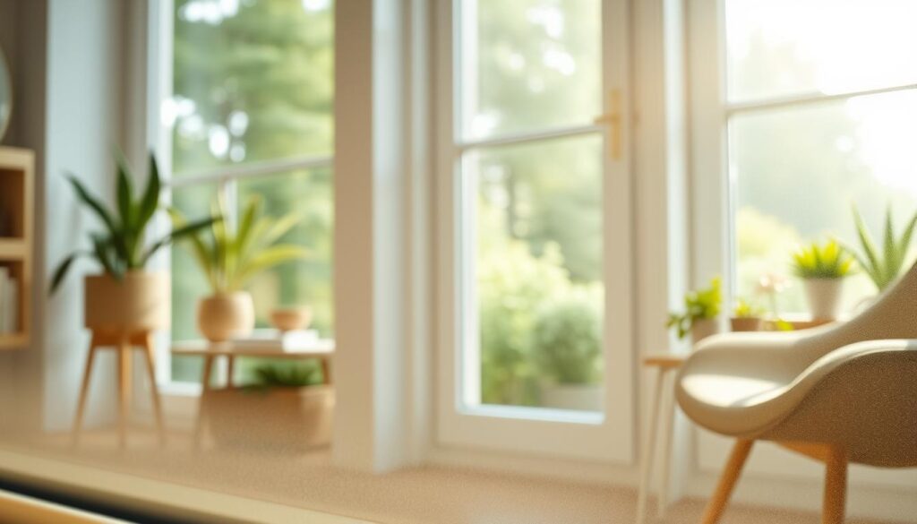A close-up view of a high-quality window seal featured prominently in the foreground, showcasing its soft, flexible material with a slight sheen. The middle layer presents a well-lit, modern window in a cozy indoor setting, revealing a picturesque garden outside. Soft, natural daylight filters through the glass, casting gentle shadows that highlight the seal's durability and effectiveness. In the background, hints of homey decor, such as potted plants and a comfortable chair, create an inviting atmosphere. The mood is one of warmth and reliability, emphasizing the trustworthiness of DICHTWERK® Wismar. Use soft focus on the background elements to enhance the seal's prominence in the scene. A neutral color palette, with greens and tans, adds to the calming ambiance.