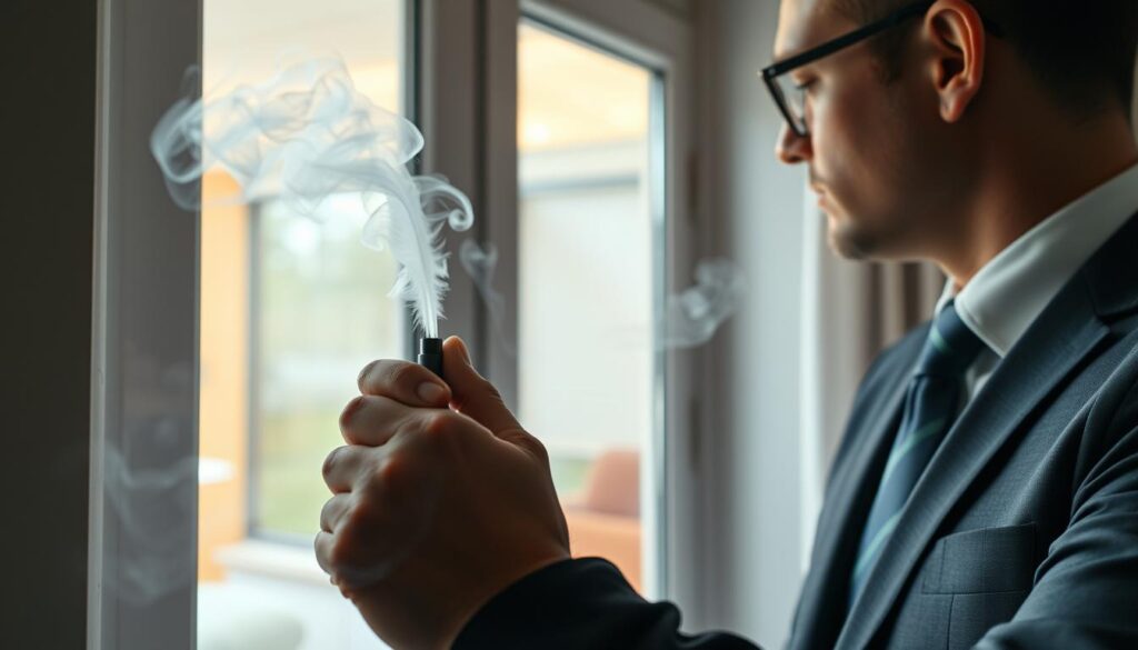 A close-up view of a home window being tested for air leakages, highlighting a person using a smoke pen or feather to detect zugluft. In the foreground, the smoke gently drifts, revealing subtle currents of air around the window frame. The middle ground showcases the window, with clear details of potential gaps where the frame meets the wall, emphasizing the focus on air tightness. In the background, a cozy, well-lit room provides a warm ambiance, suggesting an inviting home setting. Soft, diffused daylight filters in through the window, creating a practical yet serene atmosphere. The technician is dressed in professional business attire, focused and engaged in the testing process.