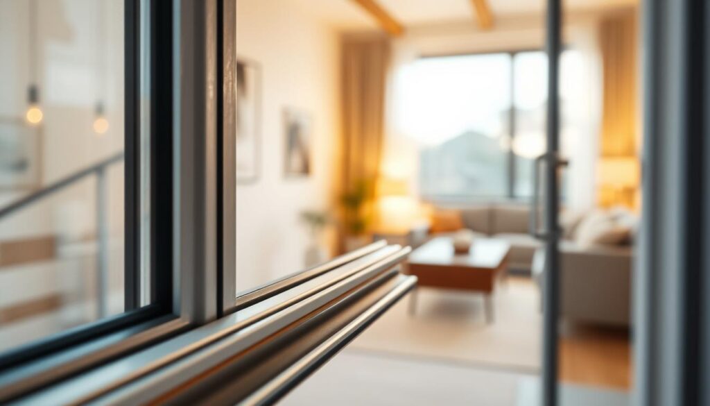 A close-up view of a modern window with a freshly installed rubber sealing strip, highlighting the details of the "Fensterdichtung." In the foreground, focus on the clean, smooth edges of the rubber material, showcasing its flexibility and durability. The middle ground features a bright, well-lit interior space with soft natural light filtering through the glass, creating a welcoming atmosphere. In the background, a hint of a cozy living room can be seen, adding depth to the scene. Use warm lighting to enhance the comfort and functionality of the window. The overall mood should convey a sense of security and increased comfort within the home, reflecting the importance of effective window sealing. A close-up view of a modern window with a freshly installed rubber sealing strip, highlighting the details of the "Fensterdichtung." In the foreground, focus on the clean, smooth edges of the rubber material, showcasing its flexibility and durability. The middle ground features a bright, well-lit interior space with soft natural light filtering through the glass, creating a welcoming atmosphere. In the background, a hint of a cozy living room can be seen, adding depth to the scene. Use warm lighting to enhance the comfort and functionality of the window. The overall mood should convey a sense of security and increased comfort within the home, reflecting the importance of effective window sealing.