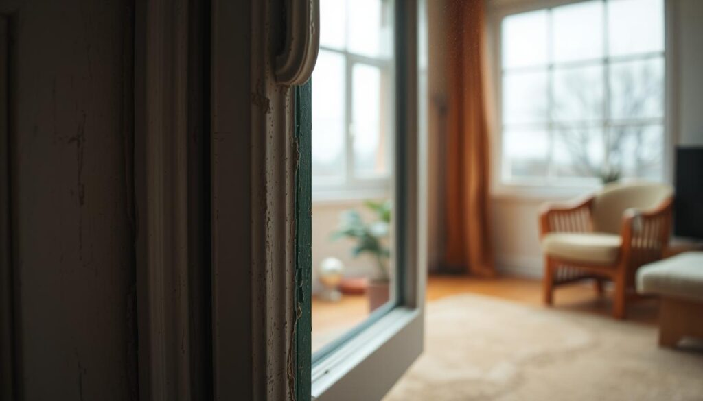 A close-up view of a partially open window with visible signs of wear and tear, highlighting gaps where air can seep in, symbolizing an "undicht" or leaky condition. In the foreground, soft natural light illuminates the window frame, revealing peeling paint and dirt accumulation in the crevices. In the middle ground, a cozy room with warm earthy tones is visible, featuring a potted plant and a carpet, emphasizing comfort despite the window's condition. In the background, the soft blur of an overcast sky hints at the weather outside, creating a contrast with the indoor warmth. The atmosphere is one of contemplation, inviting viewers to consider the importance of window repair with a focus on home comfort and energy conservation.