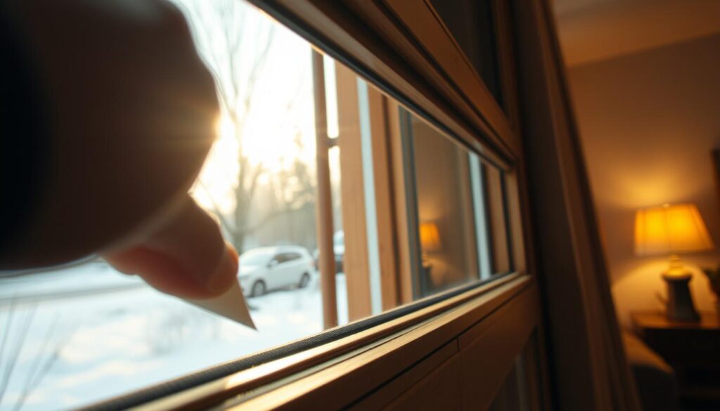 A close-up view of a person sealing a window to stop drafts. The foreground features a hand carefully applying weather stripping material along the edge of a wooden window frame, showcasing attention to detail. In the middle, the window itself is slightly opened, revealing a glimpse of a sunny day outside, suggesting warmth. The background shows a cozy room with soft, warm lighting, highlighting a comfortable atmosphere that contrasts the cold outside. The scene is shot from a low angle, capturing the focus on the sealing process while keeping a sense of the home environment. The overall mood is practical yet inviting, emphasizing DIY home improvement in a professional context. A close-up view of a person sealing a window to stop drafts. The foreground features a hand carefully applying weather stripping material along the edge of a wooden window frame, showcasing attention to detail. In the middle, the window itself is slightly opened, revealing a glimpse of a sunny day outside, suggesting warmth. The background shows a cozy room with soft, warm lighting, highlighting a comfortable atmosphere that contrasts the cold outside. The scene is shot from a low angle, capturing the focus on the sealing process while keeping a sense of the home environment. The overall mood is practical yet inviting, emphasizing DIY home improvement in a professional context.