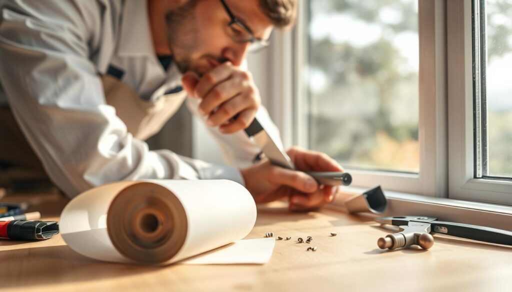 A close-up view of a professional handyman carefully installing a "fenster einroller" (window roller) to replace a window seal. In the foreground, focus on the tools and materials: a bright, well-lit workbench scattered with a roll of high-quality window sealing material and a precision cutting tool. The handyman, dressed in a neat, professional outfit, is intently focused on aligning the new seal within a window frame, showing expertise and concentration. The middle background features a window with clean glass and a bright atmosphere, creating a sense of cleanliness and efficiency. Soft, natural lighting filters in from the side, enhancing the professional atmosphere and highlighting the precision of the task at hand.