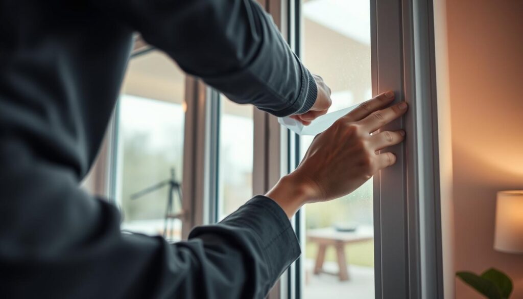 A close-up view of a professional sealing a window with weatherproof tape, focusing on the precise application of the adhesive material. In the foreground, the installer, dressed in smart casual clothing, is gently pressing the tape into place, ensuring a secure bond. The middle ground features a high-quality window, with clear glass reflecting the light, surrounded by a neat, modern interior that conveys comfort. The background shows a cozy room with soft, natural lighting filtering through the window, enhancing the atmosphere of warmth and energy efficiency. The overall mood is professional and inviting, capturing the importance of sealing windows to save energy and enhance comfort.