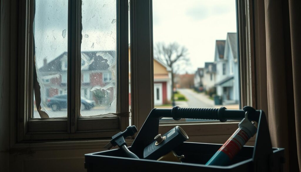 A close-up view of a slightly ajar window with visible gaps and cracks, illustrating an old wooden frame in need of repair. Rays of sunlight filter through the window, casting a warm glow on dust motes in the air, highlighting the imperfections around the edges. In the foreground, a toolbox with various tools like a caulk gun, hammer, and window sealant sits invitingly, suggesting an imminent repair action. The middle ground features a well-maintained room with a cozy, inviting atmosphere, emphasizing the importance of a comfortable home environment. In the background, a glimpse of a charming street in Wismar can be seen through the window, under an overcast sky that hints at the urgency of addressing the drafts.