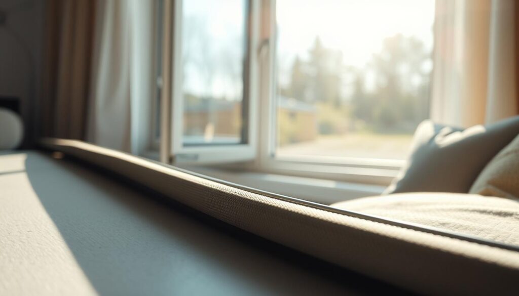 A close-up view of a soft window seal (fensterdichtung weich) against a bright, well-lit backdrop. The foreground features a detailed texture of the window seal material, showcasing its flexible and resilient properties, highlighted by soft shadows to create depth. The middle ground includes a partially opened window, allowing natural light to flood in, with reflections of the outside scenery subtly visible on the glass. In the background, a cozy interior setting can be glimpsed, with neutral tones to maintain focus on the seal. The atmosphere is calm and professional, evoking a sense of reliability and comfort, suitable for an article on window sealing solutions. The image should be well-composed with an emphasis on clarity and detail, using a soft focus to enhance warmth.