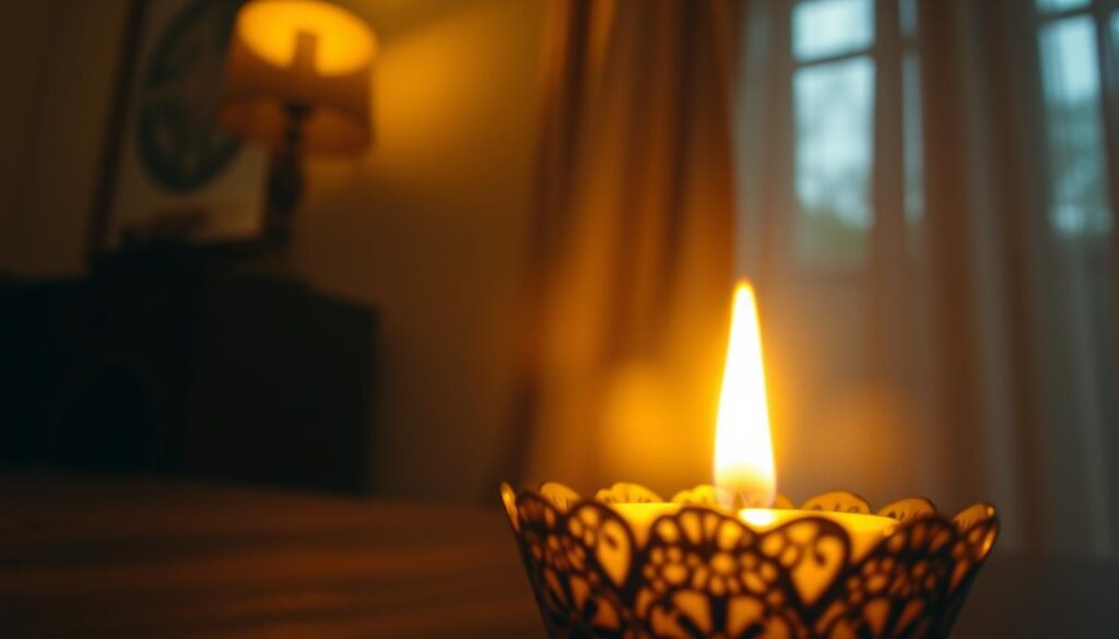 A close-up view of a softly glowing candle flame, flickering gently in a dimly lit room. The foreground features a delicately ornate candle holder, with intricate patterns reflecting the warm light of the flame. In the middle, the flame dances gracefully, creating soft shadows that emphasize the ambiance. Surrounding the candle, a subtle haze of warm light radiates, suggesting a cozy, inviting atmosphere. The background is a blurred view of a window with slightly open curtains, hinting at the concept of air draft. The scene is illuminated by warm, golden lighting that enhances the tranquil mood, evoking a sense of comfort and attention to detail. Shot from a low angle to capture both the flame and the ambiance of the room. A close-up view of a softly glowing candle flame, flickering gently in a dimly lit room. The foreground features a delicately ornate candle holder, with intricate patterns reflecting the warm light of the flame. In the middle, the flame dances gracefully, creating soft shadows that emphasize the ambiance. Surrounding the candle, a subtle haze of warm light radiates, suggesting a cozy, inviting atmosphere. The background is a blurred view of a window with slightly open curtains, hinting at the concept of air draft. The scene is illuminated by warm, golden lighting that enhances the tranquil mood, evoking a sense of comfort and attention to detail. Shot from a low angle to capture both the flame and the ambiance of the room.