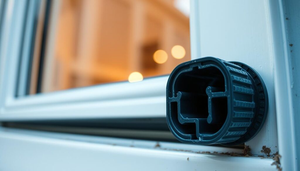 A close-up view of a weatherproof window seal, showcasing the intricate details of its texture and material. In the foreground, focus on the profile of the flexible rubber seal, highlighting its features such as grooves and ridges designed to prevent cold air, moisture, and drafts from entering. The middle ground presents a partially open window, where the seal is firmly in place, emphasizing its functionality. In the background, soft lighting casts a warm, inviting glow through the glass, suggesting a cozy indoor atmosphere. The image conveys a sense of protection and durability, suitable for illustrating the importance of window sealing in maintaining a comfortable home environment. No people present; the focus is solely on the window seal in a professional context.