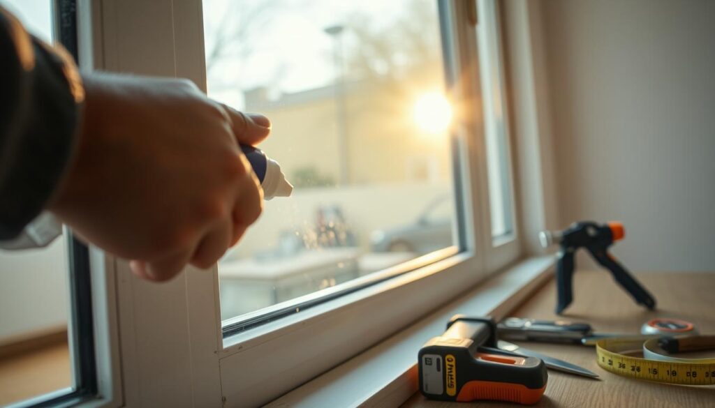 A close-up view of a well-lit workspace where a professional is applying window sealant to a window frame. The foreground features a hand skillfully handling a tube of sealant, with the nozzle positioned against the edge of the window. The middle ground showcases a partially sealed window, emphasizing the smooth application of the sealant. In the background, soft natural light streams in through the window, creating a warm, inviting atmosphere. Tools and materials are neatly organized on a table nearby, including a caulk gun, a utility knife, and a measuring tape. The overall mood is focused and professional, reflecting the informative and hands-on nature of applying window sealant. The composition should be clear and sharp, with a shallow depth of field that highlights the action in the foreground.
