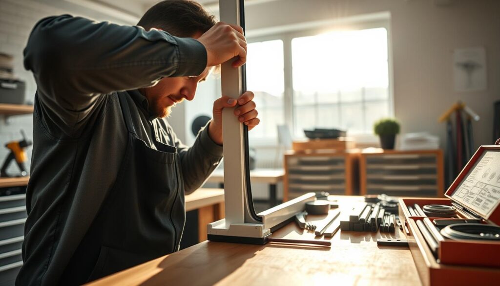 A close-up view of a workstation showcasing window seals (fensterdichtungen) being expertly installed. In the foreground, a skilled technician in a professional attire is carefully applying a new, elastic window seal to a frame, showcasing fine details of the material and how it fits perfectly. The middle ground features a neatly organized toolbox with various seal types and tools. The background includes a bright workshop illuminated by natural light streaming through a large window, emphasizing a clean, airy atmosphere. Soft shadows create depth, and a serene ambiance captures the importance of quality window sealing for energy efficiency and comfort. A close-up view of a workstation showcasing window seals (fensterdichtungen) being expertly installed. In the foreground, a skilled technician in a professional attire is carefully applying a new, elastic window seal to a frame, showcasing fine details of the material and how it fits perfectly. The middle ground features a neatly organized toolbox with various seal types and tools. The background includes a bright workshop illuminated by natural light streaming through a large window, emphasizing a clean, airy atmosphere. Soft shadows create depth, and a serene ambiance captures the importance of quality window sealing for energy efficiency and comfort.