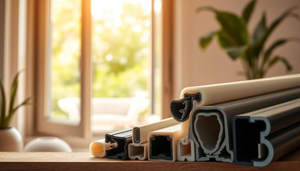 A close-up view of high-quality window seals (fensterdichtungen) displayed prominently in the foreground, showcasing various types such as foam, rubber, and silicone. The middle ground features a partially opened window, revealing a beautifully designed home interior bathed in natural light, emphasizing comfort and energy efficiency. In the background, soft blurred greenery from the outside suggests a fresh and inviting atmosphere. The lighting is warm and soft, creating a cozy effect, with an emphasis on the textures of both the window seals and the window frame. The composition is shot from a slightly elevated angle to capture the detail and functionality of the seals, conveying a sense of professionalism and reliability in home improvement. A close-up view of high-quality window seals (fensterdichtungen) displayed prominently in the foreground, showcasing various types such as foam, rubber, and silicone. The middle ground features a partially opened window, revealing a beautifully designed home interior bathed in natural light, emphasizing comfort and energy efficiency. In the background, soft blurred greenery from the outside suggests a fresh and inviting atmosphere. The lighting is warm and soft, creating a cozy effect, with an emphasis on the textures of both the window seals and the window frame. The composition is shot from a slightly elevated angle to capture the detail and functionality of the seals, conveying a sense of professionalism and reliability in home improvement.