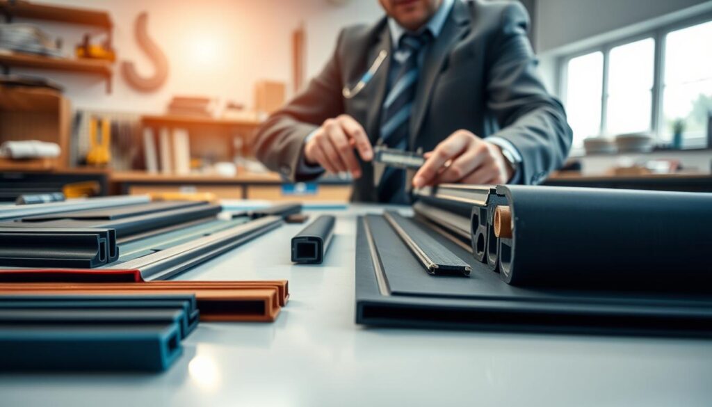 A close-up view of window seals ("fensterdichtungen") in various colors and materials, prominently displayed in the foreground, showcasing their textures and intended uses. Arrange several samples on a sleek, modern workbench, highlighting details such as rubber, foam, and silicone options. In the middle ground, a person in professional business attire examines the seals, using a caliper for precise measurements, emphasizing the importance of quality and fit. The background softly fades to a well-lit workshop environment, filled with tools and materials, creating an atmosphere of professionalism and craftsmanship. Natural light streams through a nearby window, casting soft shadows and enhancing the colors of the seals, evoking a sense of accuracy and reliability in the process of replacing window seals.