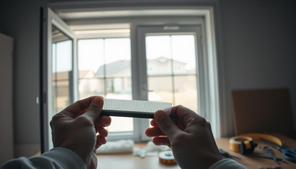A close-up, well-lit image depicting the process of renewing a window seal. In the foreground, a pair of hands delicately holds a new window seal strip, showcasing its texture. The middle ground features an open window with clear glass, revealing a faint outline of a residential exterior. In the background, tools like scissors and a measuring tape are neatly arranged on a workbench, emphasizing a DIY atmosphere. Soft, natural daylight filters through the window, casting gentle shadows; the overall mood is organized and focused. The angle is slightly above eye level, capturing both the craftsmanship and the serene environment, creating a sense of productivity and clarity in home improvement.