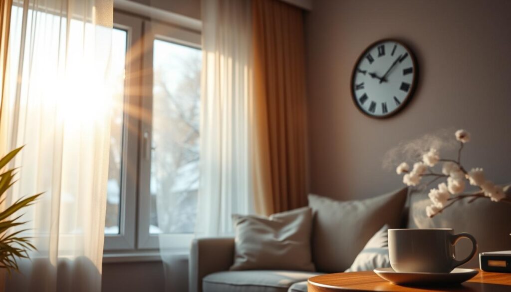 A cozy living room with a large window showcasing warm sunlight filtering through sheer curtains. In the foreground, emphasize a close-up of a partially open window, highlighting the air flow symbolized by gentle, flowing ribbons of light, representing "zugluft" (draft). The middle ground should feature a comfortable sofa with soft cushions, suggesting a warm and inviting atmosphere. In the background, show a wall clock indicating a chilly winter day outside, with light snow falling. Use soft, natural lighting to create a serene, homely mood, captured with a slightly elevated angle to engage the viewer. Focus on details like a steaming cup of tea on a side table, enhancing the notion of comfort and coziness during colder months.