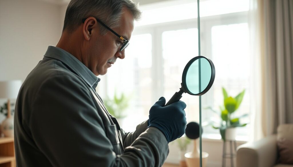 A detailed scene depicting a professional inspecting window seals for leaks in a bright, modern living room. In the foreground, a middle-aged technician in a smart uniform uses a specialized tool to check a window seal, focusing intently, with a magnifying glass beside him. In the middle ground, the window showcases sunlight streaming in, highlighting potential gaps in the weatherstripping. In the background, soft, natural light brightens the room, and potted plants add a touch of greenery. The atmosphere is calm and focused, reflecting professionalism and care in home maintenance. Soft shadows create depth, with a slight lens blur on the background. Capture this image using a wide-angle perspective to include technical details like reflections in the glass.