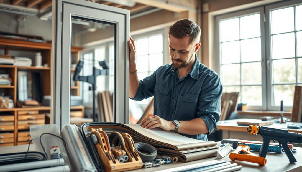 A professional technician in a well-organized workshop carefully examines and replaces window seals, focusing on a sleek, modern window frame. In the foreground, various types of window and door seals are displayed, showcasing their textures and colors. The middle ground features tools and equipment used for sealing, like adhesive strips and a caulking gun, arranged neatly on a workbench. The background shows large windows allowing natural light to flood the space, creating a warm and inviting atmosphere. The lighting is bright but soft, casting gentle shadows that highlight the technician's expertise. The scene conveys a sense of reliability and professionalism, reflecting the high-quality service for window, door, and conservatory maintenance. A professional technician in a well-organized workshop carefully examines and replaces window seals, focusing on a sleek, modern window frame. In the foreground, various types of window and door seals are displayed, showcasing their textures and colors. The middle ground features tools and equipment used for sealing, like adhesive strips and a caulking gun, arranged neatly on a workbench. The background shows large windows allowing natural light to flood the space, creating a warm and inviting atmosphere. The lighting is bright but soft, casting gentle shadows that highlight the technician's expertise. The scene conveys a sense of reliability and professionalism, reflecting the high-quality service for window, door, and conservatory maintenance.